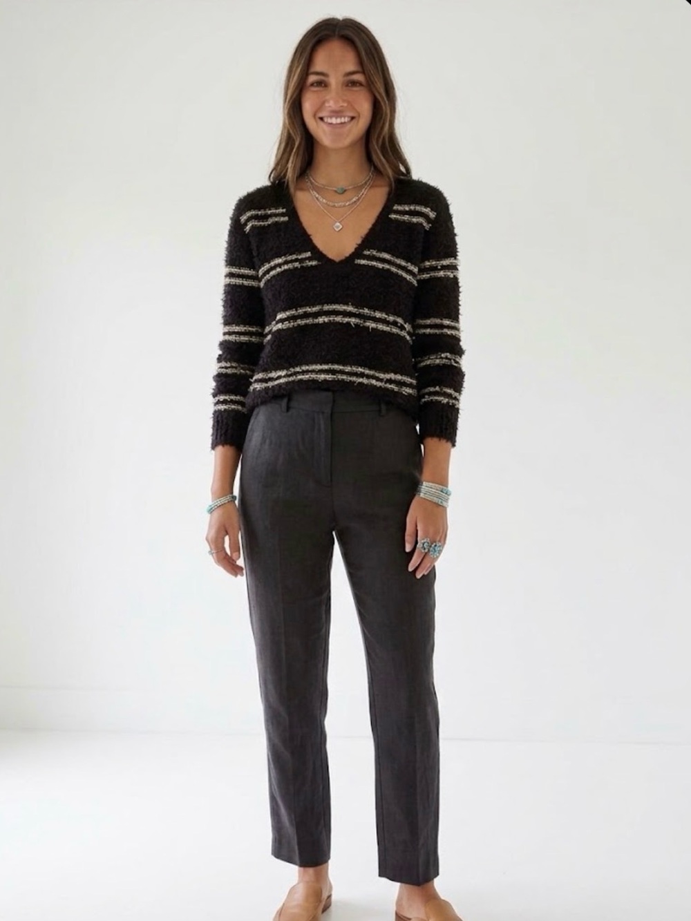 Lilla P Bouclé Textured Striped V-Neck Tunic Sweater